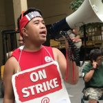 Roland Laforga from the Royal Hawaiian hotel leads the picket line during the 2018 Marriott strike.