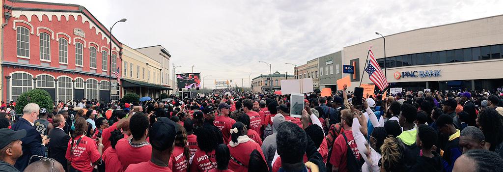 UNITE HERE members march during the 50th anniversary of the Selma civil rights march.